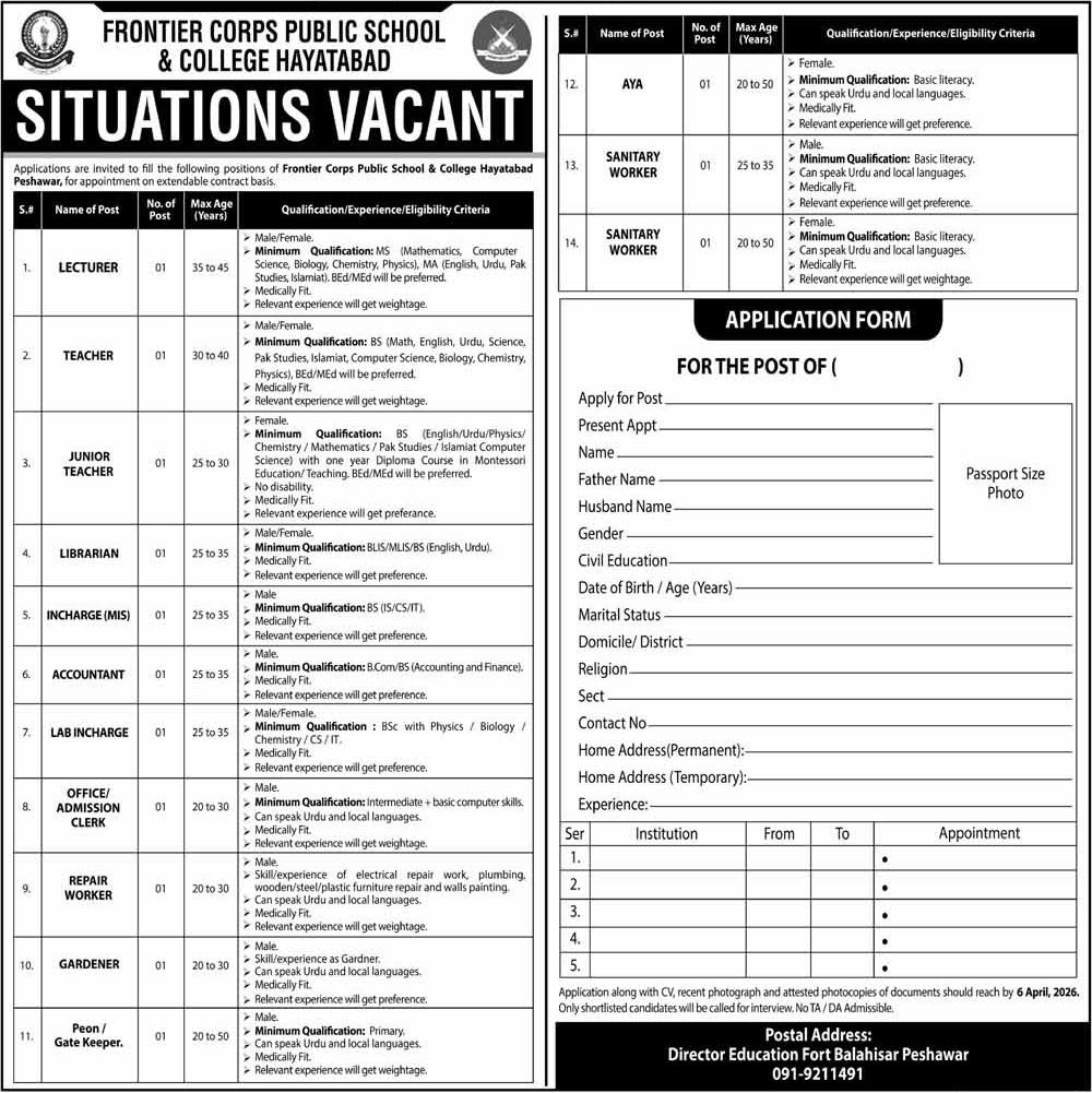 Frontier Corps Public School & College Peshawar Jobs 2026
