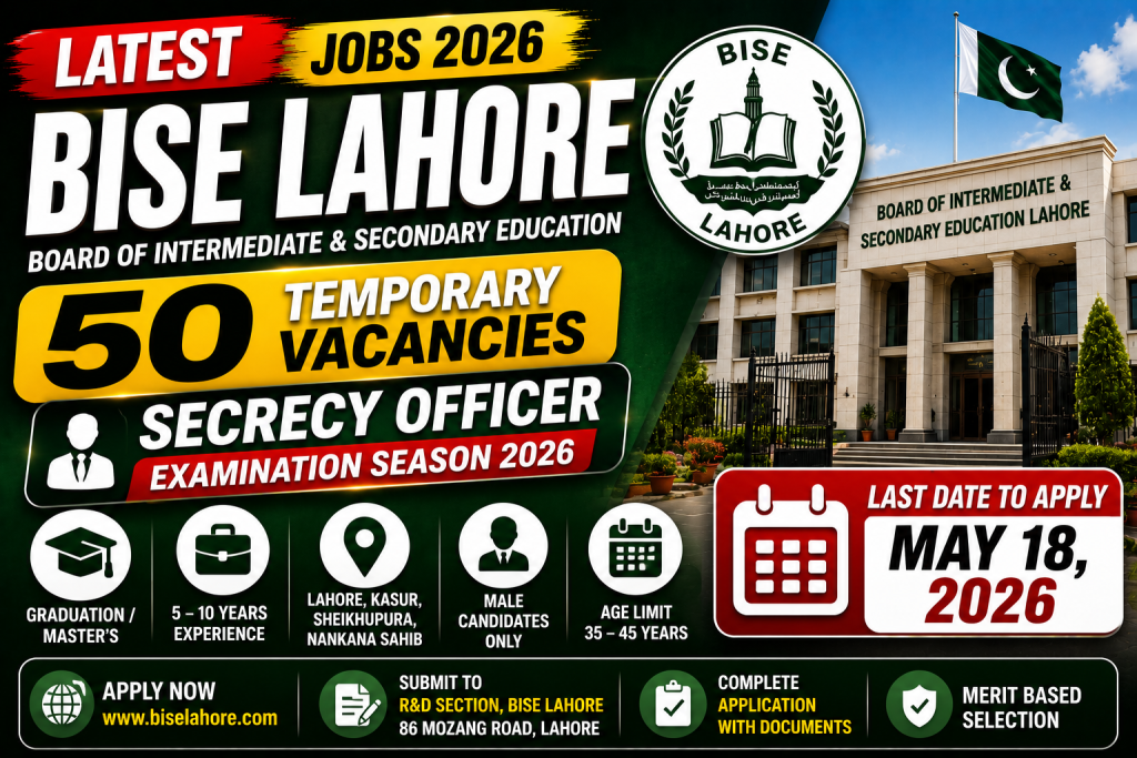 Job vacancies at BISE Lahore 2026