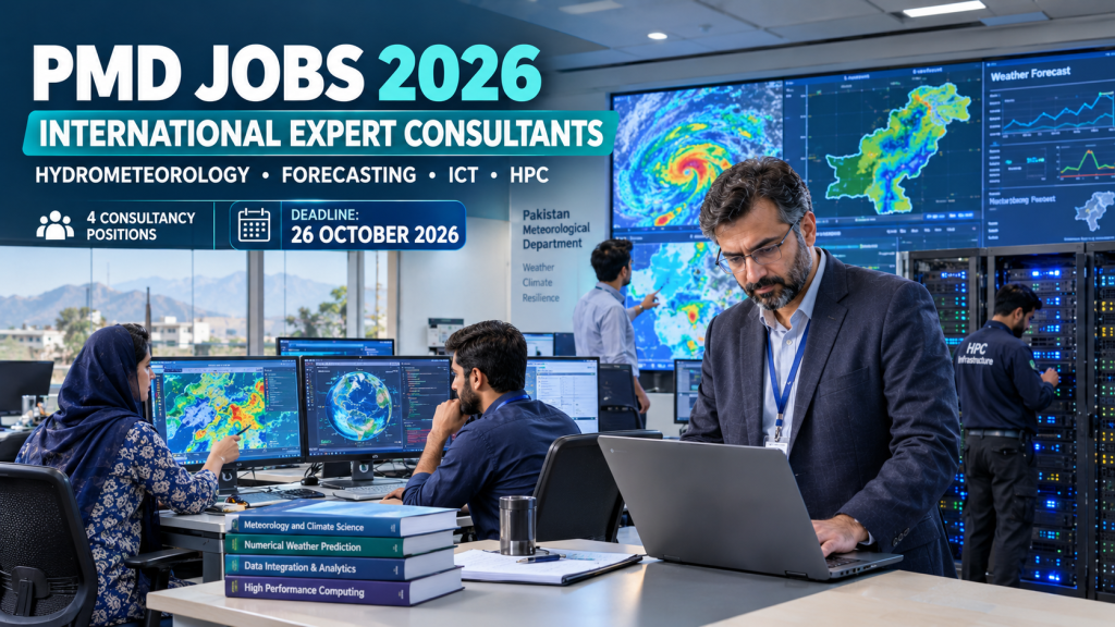 PMD Jobs 2026 for international expert consultants in hydrometeorology, forecasting, ICT, and high-performance computing.